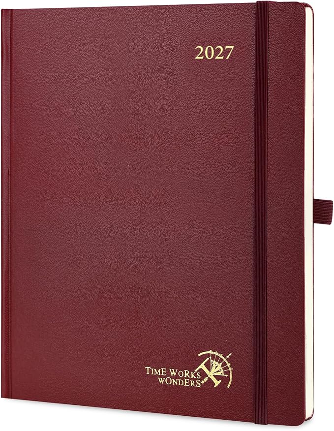 POPRUN 2027 Planner Weekly and Monthly, Large 8.5" x 10.5" Calendar, Jan 2027- Dec 2027 Agenda, Daily Appointment Book with Hourly Time Slots, Monthly Tabs, Hardcover, 100 GSM - Burgundy