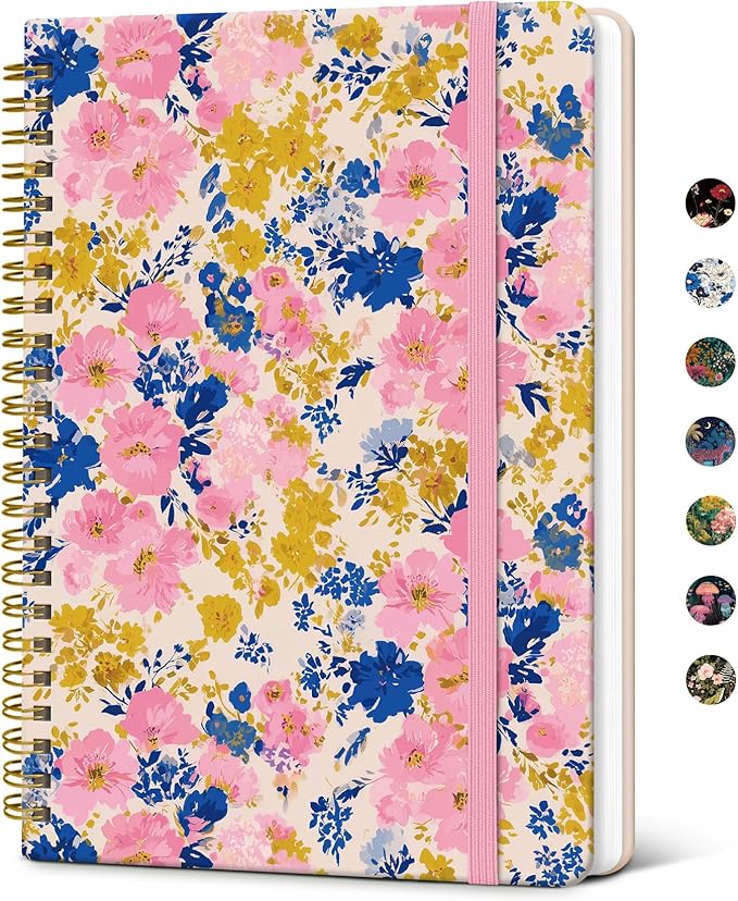 Taja Spiral Journal Notebook for Women, Pretty Hardcover Lined Notebook for Work & Note Taking, Aesthetic Cute Journal for Writing, 140 Pages, 5.8"x8.3", Pink Garden