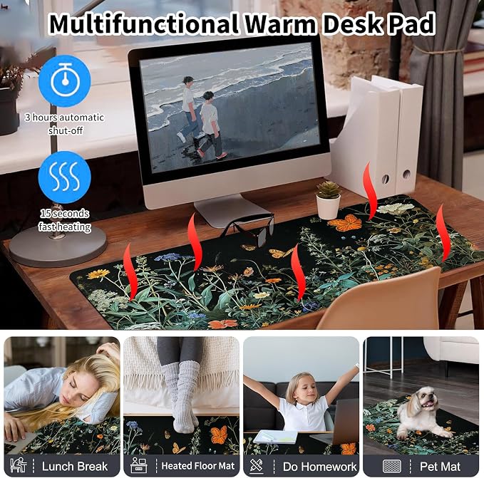 Warm Desk Pad,Heated Desk Pad,Office Mat,3 Heating Levels & 3 Hours Auto Shut-Off,31.5"*13" Gaming Mouse Laptop Keyboard Leather Desk Mat,Floral Plant Butterfly