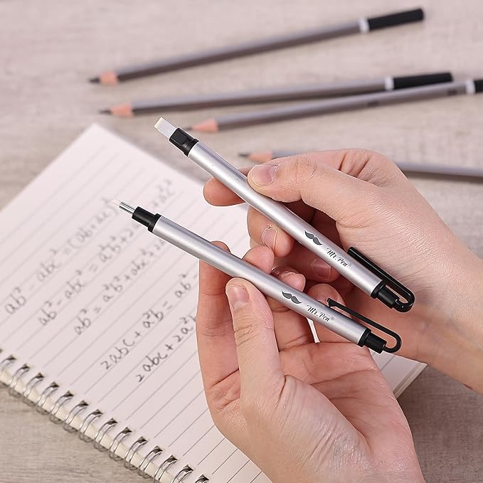 Mr. Pen- Pen Style Eraser Set, 2 Pack, Square & Round Tip | Precision Pencil Erasers, Retractable Silver Eraser Pens for Drawing, Sketching, Detail Correction, Office & School Supplies