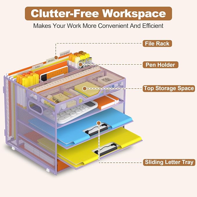 Docnest 5 Tier Desk Organizer with Hanging File Folder Holder&Tray, Purple | Features 3 detachable pen holders and 4 removable dividers.Versatile mesh desktop storage for mail, document,office supplie
