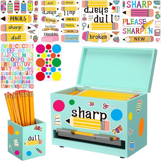 Mifoci Wooden Pencil Dispenser Kit for Classroom Wooden Pen Holder Straw Dispenser Sharp and Dull Letter Stickers for Teachers Classroom Supplies Storage(Light Green)