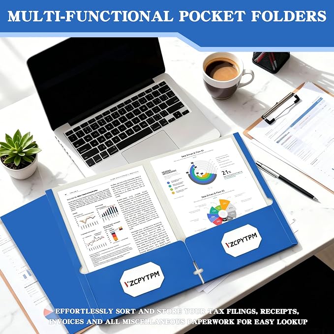 VZCPYTPM 50 Pack Royal Blue Folders with Pockets,2 Pocket File Folders | Fit Letter Size (8.5 x 11 Inch),Professional Design with Business Card Slot for Office and School Organization