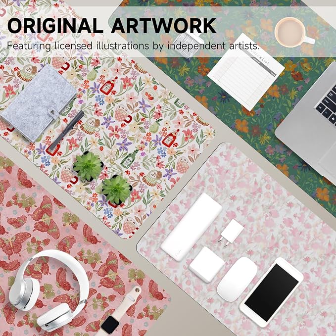 Botanical Floral Desk Pad Blotter,Large Mouse Pad 35 x 17in,PU Leather Desk Mat Writing Pad Protector, Non-Slip Waterprrof,Desktop Decor for Home Office Women Girls (Spring Blossoms)