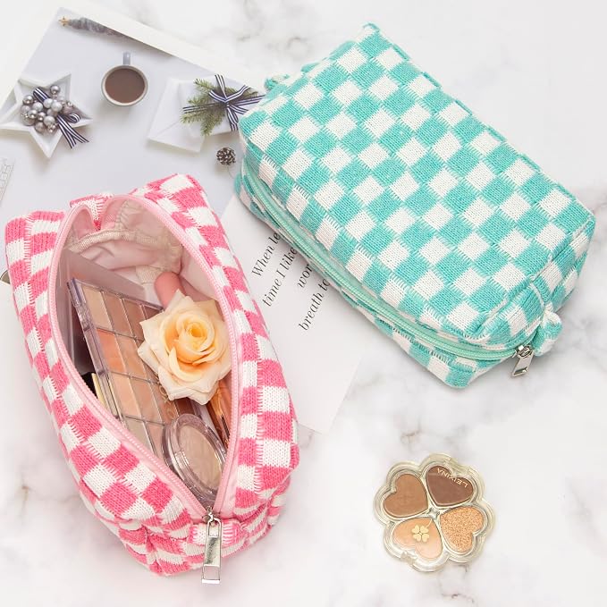 PAZIMIIK Checkered Makeup Bag for Purse, Small Travel Cosmetic Pouch,Pink | Cute Zipper Makeup Organizer for Women, Travel Essentials, Toiletries, Makeup Brushes, Beauty Accessories&Bridesmaid Gifts