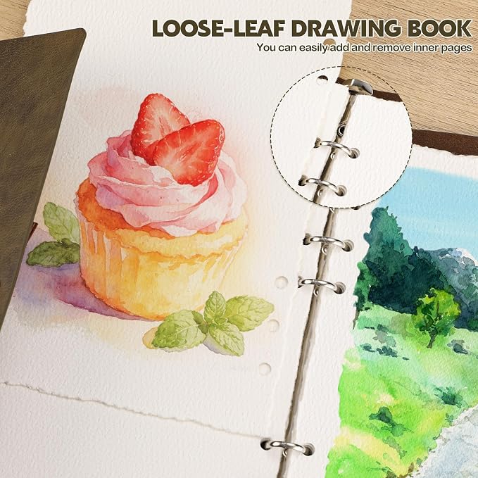 Vintage Watercolor Sketchbook, 140 Lb Cold Press Deckle Edge, 6.3 x 9 in | 24 Sheets, Brown Leather Cover, Ring Bound, Good Water Absorption, for Painting Drawing Mixed Media