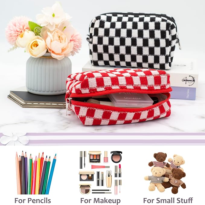 PAZIMIIK Checkered Makeup Bag for Purse, Small Travel Cosmetic Pouch,Red | Cute Zipper Makeup Organizer for Women, Travel Essentials, Toiletries, Makeup Brushes, Beauty Accessories&Bridesmaid Gifts