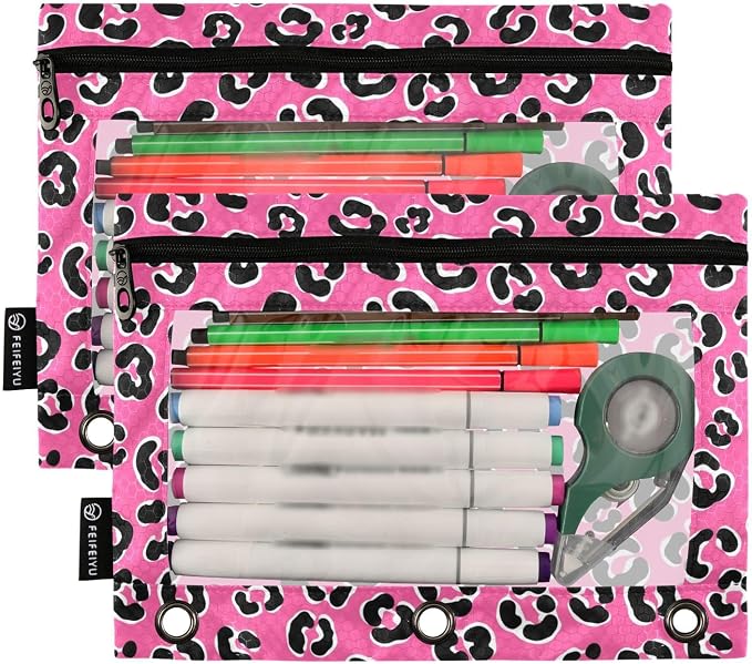 Emelivor Leopard Pink Pencil Pouch for 3 Ring Binder 2 Pack Binder Pencil Pouches Zippered Clear Pencil Case Cosmetic Bag for Storing College Office Supplies