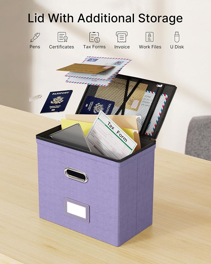 Oterri File Box Small 1-Pack Mesh Pockets Hanging Organizer for Letter-Size | Dustproof Lid. 3 Mesh Pockets. Collapsible Scratch-Resistant GRS Linen. Slide Rails. Office, Home, Dorm