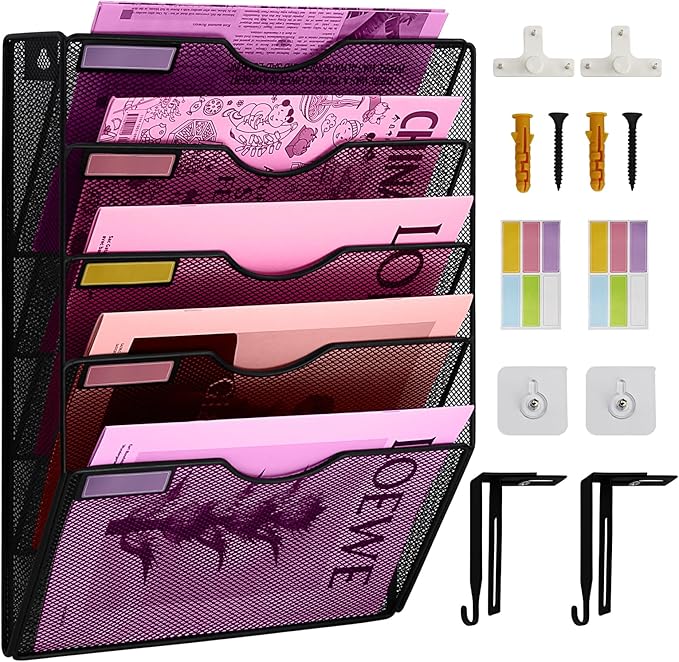 5 Pockets Mesh Wall File Holder Organizer Office Hanging File Folder Magazine Rack, Nametag Label Hooks Set Included (Black)