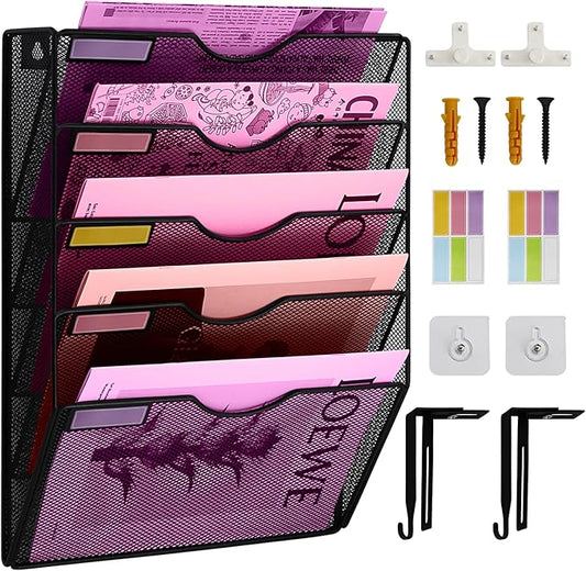 5 Pockets Mesh Wall File Holder Organizer Office Hanging File Folder Magazine Rack, Nametag Label Hooks Set Included (Black)