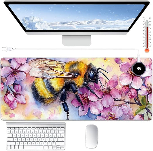 Heated Desk Pad Large Mouse Pad 31.5 x 13 inch with 3 Levels Heating & Auto Shut-Off Warm Mouse pad PU Leather Computer Mousepad for Home Office Work - Cherry Blossom and Bee