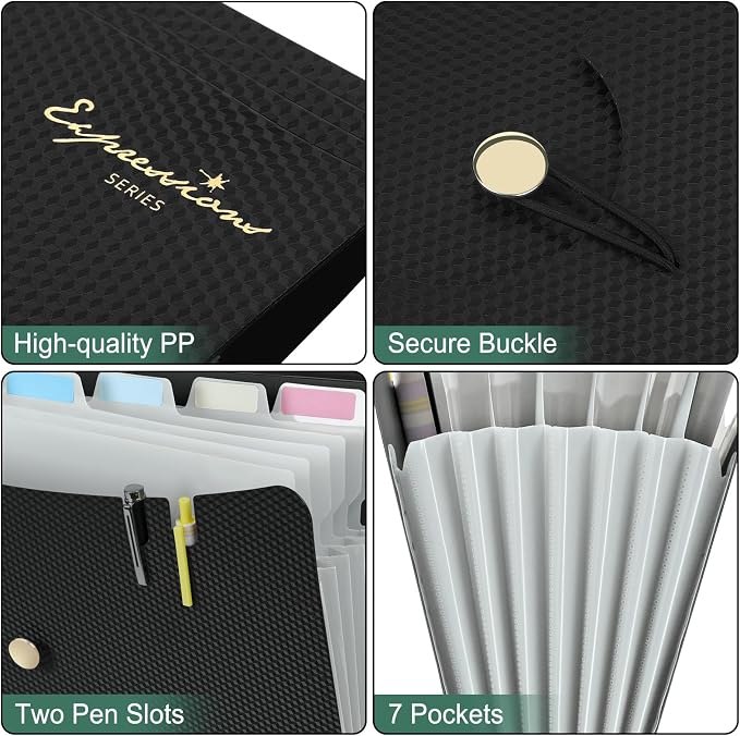 Sooez 7 Pocket Accordion File Organizer, Premium Expanding File Folder, Letter Size Folders for Documents, Sleek Filing Folders with Bungee Closure, Portable Folders for School Office Supplies, Green