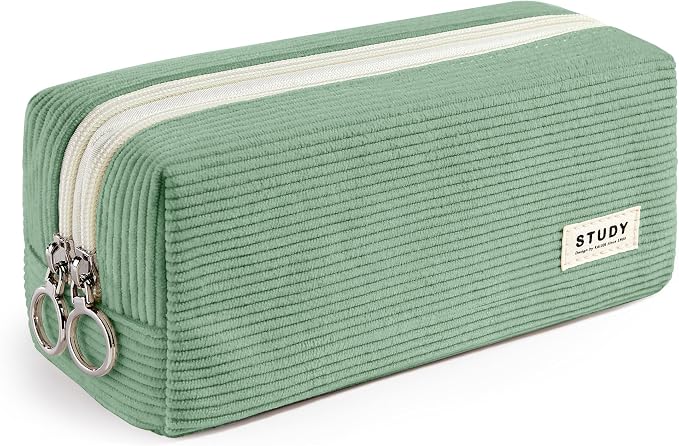 KALIDI Large Pencil Case Corduroy Pencil Pouch Box Cute School Supplies for Teen Girls Boys, Green