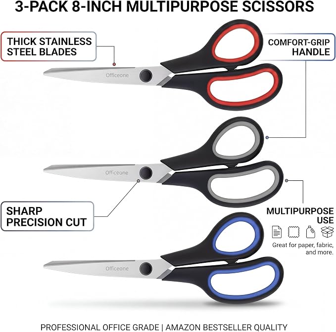 OfficeOne 3-Pack Heavy Duty Scissors 8" – Ultra Sharp Multipurpose Scissors with Comfort Grip Handles for Office, School, Home, Crafts & Sewing (3)
