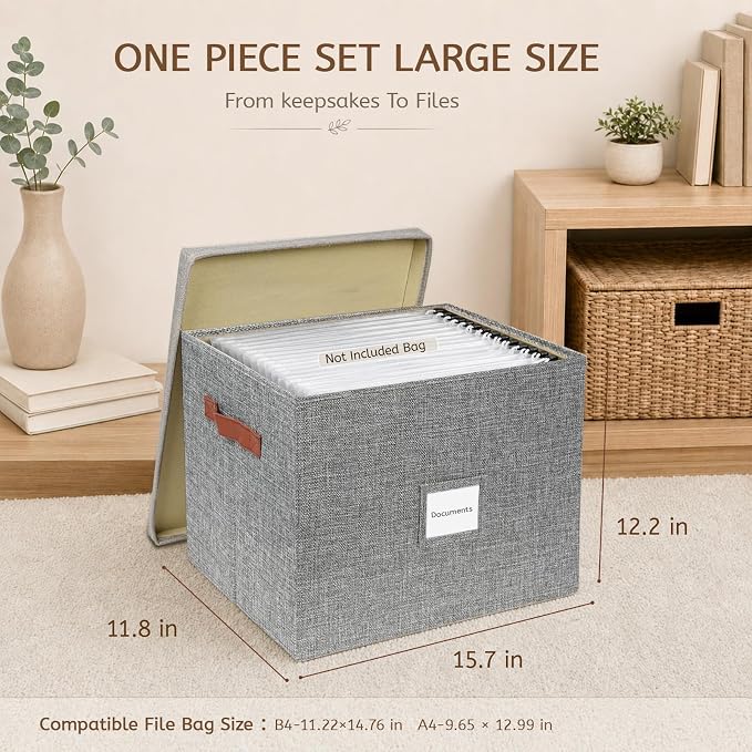 Collapsible Paper Storage Box with Lid, Grey | Office files & board games | Fits A4/B4 papers | Linen-look & dust-proof | Stackable | Includes labels & glue dots