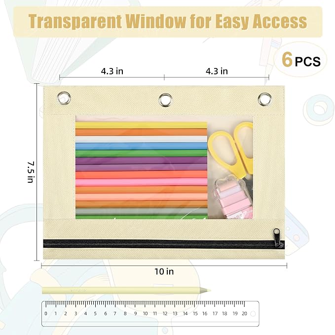 Lanpn Pencil Pouch for 3 Ring Binder 6 Pack, Aesthetic Binder Pen Bags with Zipper, 3 Holes Pencil Pouches Organizer for Boy Girl Kids School Student, Reinforced Grommets & Clear Window, Beige