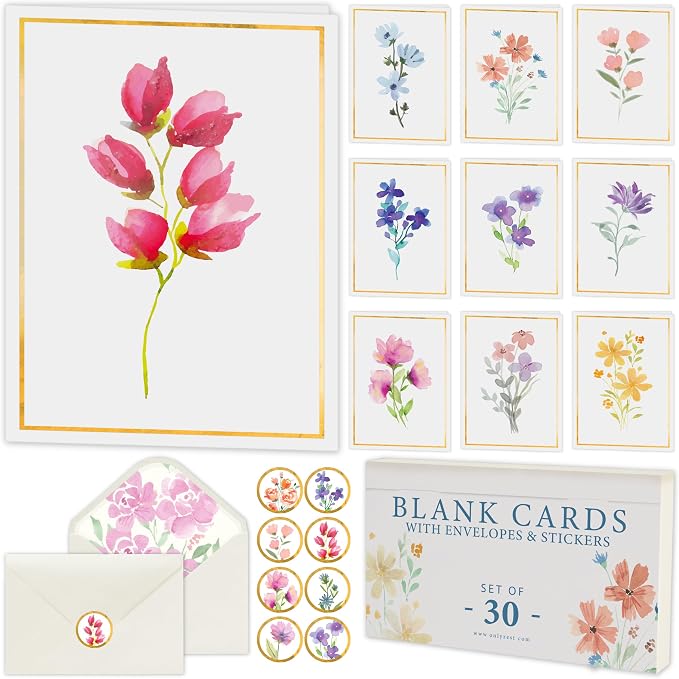 30 Premium Blank Cards with Envelopes & Stickers, 4x6 Inches | Elegant Floral Designs, Versatile and Blank Inside, Organized and Gift-Ready, Perfect for Any Occasion