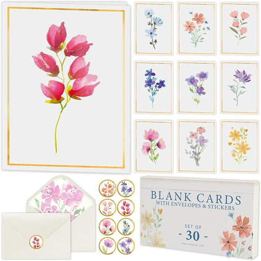 30 Premium Blank Cards with Envelopes & Stickers, 4x6 Inches | Elegant Floral Designs, Versatile and Blank Inside, Organized and Gift-Ready, Perfect for Any Occasion