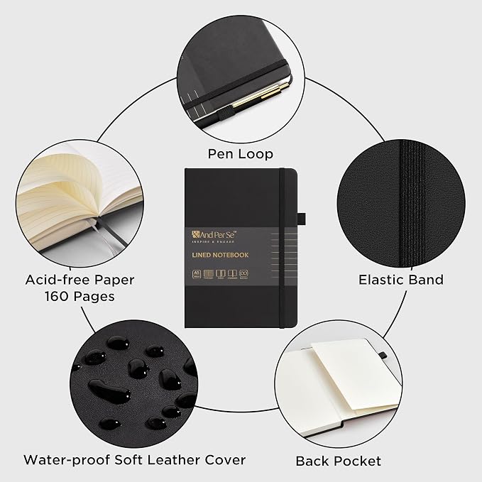 &And Per Se Lined Journal and Pen Set, A5 Leather Hardcover Notebook with Pen & Stationary Set, 160 Pages 100GSM Thick Ruled Paper Journal for Business Work Writing (Black)
