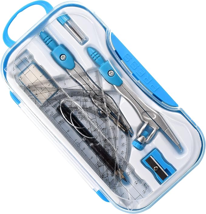 Unjoo Geometry Set 10 Pcs Student Supplies, Protractor and Compass (Blue） | Shatterproof Storage Box,Rulers,Protractor,Compass,Eraser,Pencil Sharpener,Lead Refills,Pencil,for Classroom, Back to School