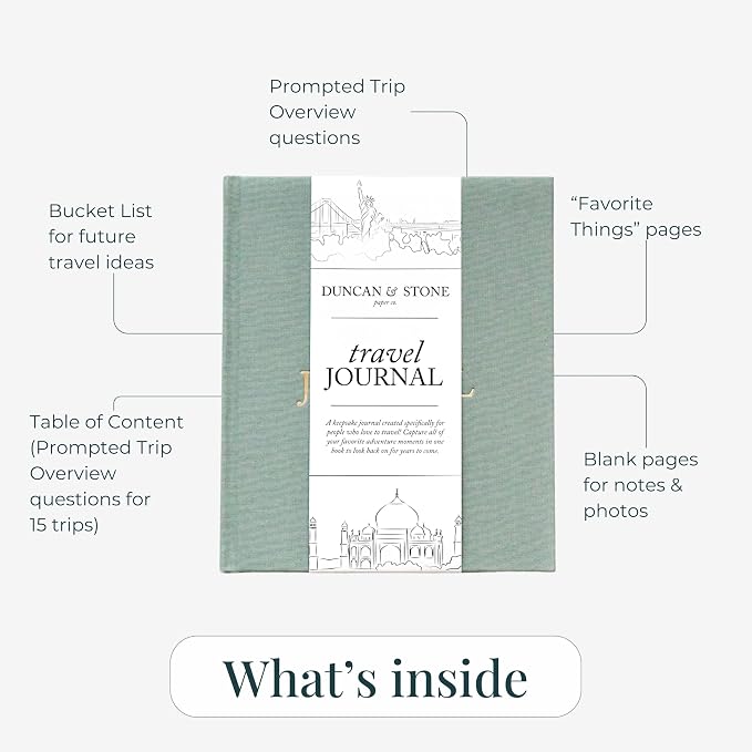 DUNCAN & STONE PAPER CO. Travel Journals - Elegant Journaling Notebook To Record All Your Travel Adventures Up To 15 Trips (Sage Green,110 Page)