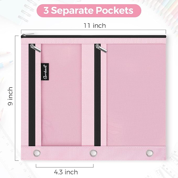 3 Ring Binder Pencil Pouch, 3-Pocket Zipper Pencil Case with Reinforced Grommets & Clear Window, Durable Pen Organizer for School Office Supplies Pink