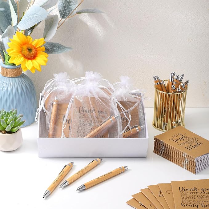 Teling 30 Sets Employee Appreciation Gifts Include Thank You Notebook Inspirational Wooden Retractable Ballpoint Pen with Organza Bag Notebook Journal for Back to School Staff Coworker Teachers