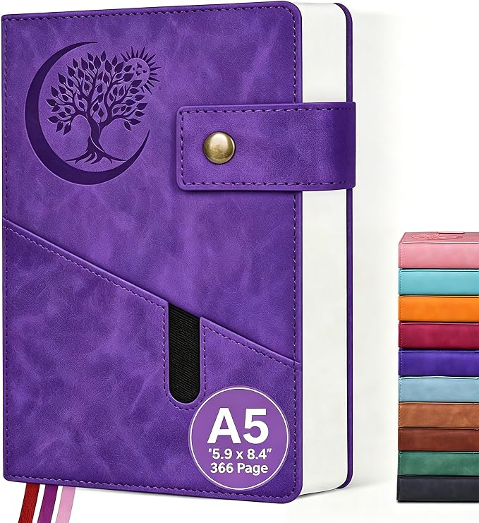 PAIBAS A5 Journal Notebook College Ruled 366 Page Leather Journal for Women | Medium notebook A5 journal with 100gsm lined notebook paper, 3 ribbon bookmarks, cover pocket & brass snap button 5.9"x8.4"
