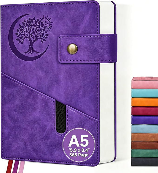 PAIBAS A5 Journal Notebook College Ruled 366 Page Leather Journal for Women | Medium notebook A5 journal with 100gsm lined notebook paper, 3 ribbon bookmarks, cover pocket & brass snap button 5.9"x8.4"