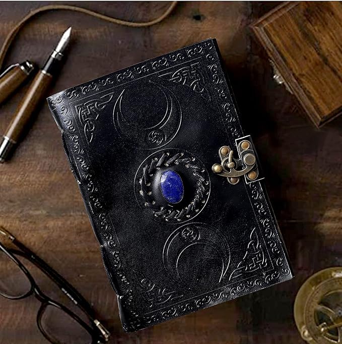 cuero 3 Moon Blue Lapis Embossed Vintage Leather Journal for Men & Women - 176 Pages, Antique Handmade Deckle Edge Vintage Paper, Leather Journal Writing Notebook Dairy Gift(10 inch by 13 inch, Black) [Unknown Binding]