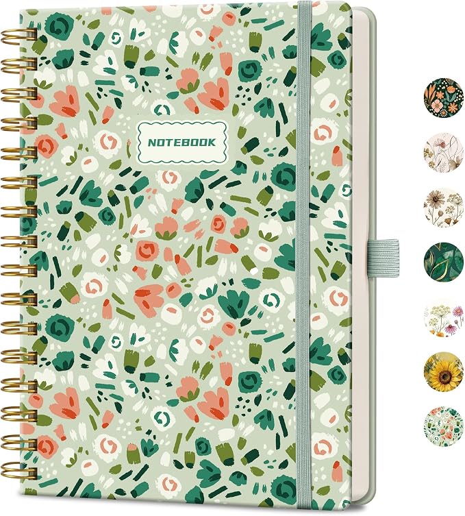 AHGXG Spiral Journal Notebook, 160 Lined Pages, A5 Medium Size (5.7'' x 8.3''), for Women, Journaling, Writing, Work & Office, Hardcover, 100 GSM Thick Paper (Ditsy Floral Sagel)