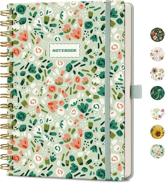 AHGXG Spiral Journal Notebook, 160 Lined Pages, A5 Medium Size (5.7'' x 8.3''), for Women, Journaling, Writing, Work & Office, Hardcover, 100 GSM Thick Paper (Ditsy Floral Sagel)