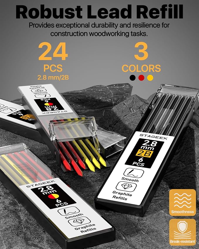 STAGEEK 2.8mm Carpenter Pencils with Sharpener, 2-Pack, Storage Case | 26 Refills, Deep Hole Long Nib Marker, Waterproof Heavy Duty Woodworking Tools for Architect Construction Electricians