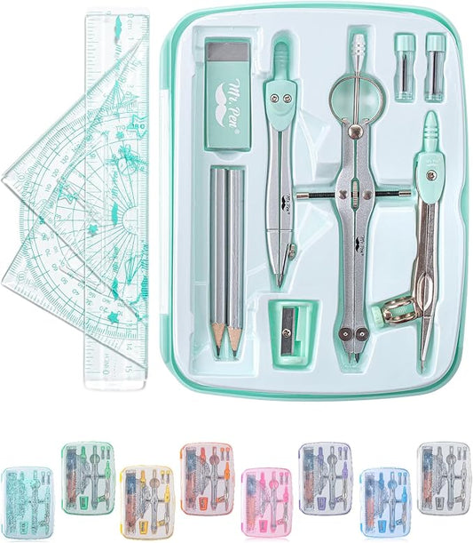 Mr. Pen- Geometry Set, 13 pcs, 3 Metal Compasses, Protractor, 6" Ruler | 45° & 30°/60° Set Squares, Pencils, Lead Refills, Sharpener & Eraser for Math, Drafting & Classroom Use | 45° & 30°/60° Set Squares, Pencils, Lead Refills, Sharpener & Eraser for ...