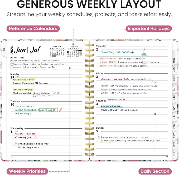 Planner 2026-2027, Academic Year Monthly and Weekly Calendar Planner, Jul 2026 - Jun 2027, Hardcover Teacher Student Planning Agenda book with Tabs, Perfect for School Office Supplies, 6.3" x 8.5" - Songbird Bloom