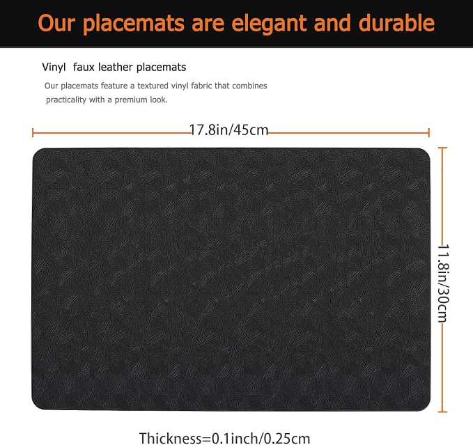Black Plastic Placemats Set of 8, Faux Leather Waterproof Table Mats | Black placemats,Wipeable and heat resistant table mats.Easy to clean,great for indoor and outdoor