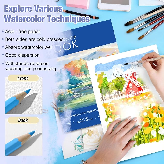 Creazic Watercolor Paper Pad 9"x12" 140lb/300gsm | Acid-Free Cold-Pressed Heavyweight Water Color Paper, Artist Sketchbook for Adults, Kids & Beginners, Ideal for Watercolors, Mixed Media & Crafts
