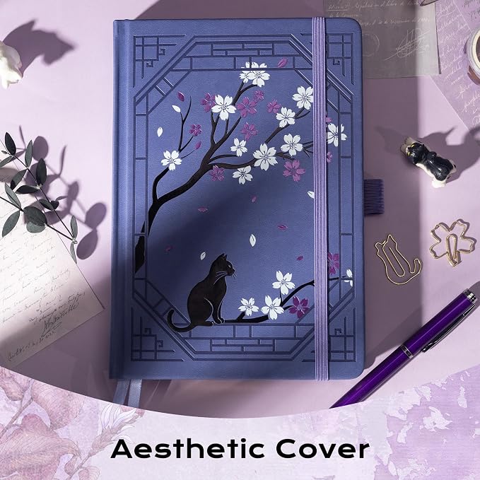 TIEFOSSI A5 Lined Journal, Cute Cat Journal for Women Girls, College Ruled Notebook with Pretty Sakura Pattern, Aesthetic Diary for Writing Journaling Drawing, Golden Edges