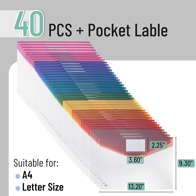 Mr. Pen- Clear Plastic Envelopes File Folders, 40 Pack, A4, Letter Size | Colorful Flaps, Bulk Clear Folders for Documents Plastic Poly Envelopes with Label for School, Home, Work, Office, Organizer