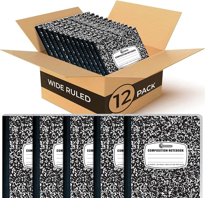 Rosmonde 12 Pack Composition Notebook Wide Ruled Bulk, 200 Pages (100 Sheets), 9-3/4 x 7-1/2", Hard Cover Wide Ruled Notebook Bulk, Black Marble Composition Notebooks, Bulk School Notebooks