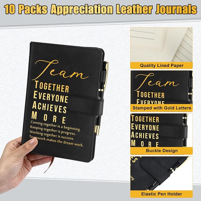 Kosiz 20 Pcs/10 Sets Employee Appreciation Gift Bulk A5 Leather Notebook Inspirational Journal Pen Thank You Gift for Men Women Coworker Teacher Office Back to School(Black,Team)