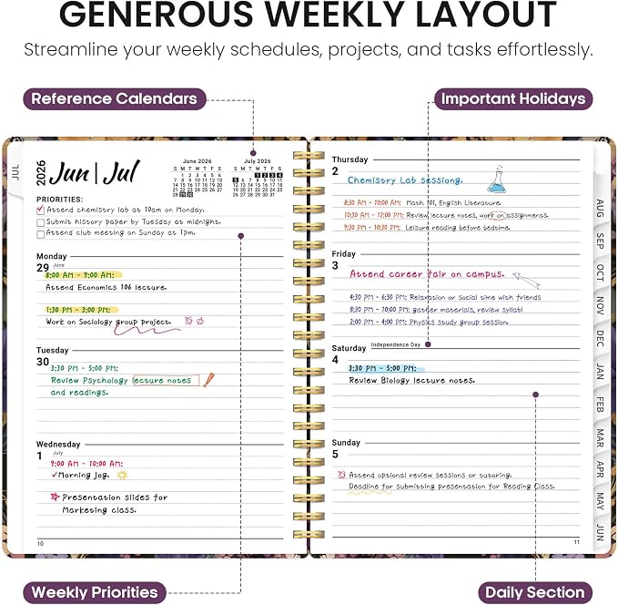 Planner 2026-2027, Academic Year Monthly and Weekly Calendar Planner, Jul 2026 - Jun 2027, Hardcover Teacher Student Planning Agenda book with Tabs, Perfect for School Office Supplies, 6.3" x 8.5" - Midnight Bloom