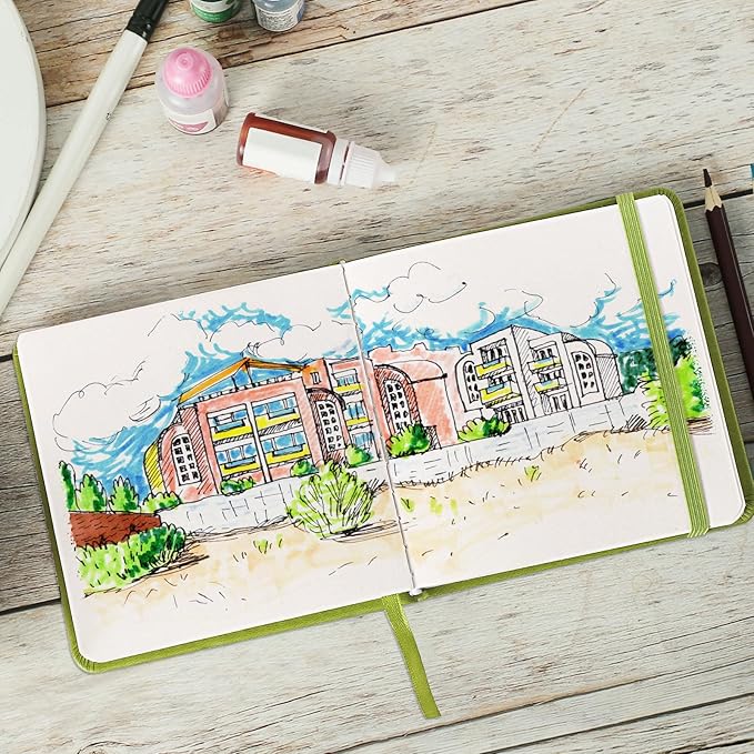 Prudiut 5" x 5" Hardcover Pocket Sketchbook, 80 Sheets, Emerald Green | 160gsm acid-free paper, elastic closure, ribbon bookmark, compact travel size for sketching on the go