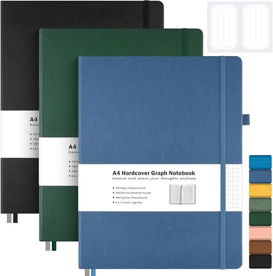 3 Pack Graph Paper Notebook, Hardcover Notebook 8.5 x 11, Grid Notebook Journal for Women, Men, Large Leather Journals for Writing, Thick Paper, A4 Notebooks for Work, School Supplies, Engineering