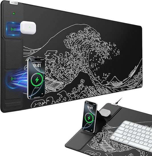 Wireless Charging Mouse Pad with Foldable Phone Holder, Black Wave | 31.5"x15.8" Large Desk Mat for Laptop/Keyboard, Waterproof Ultra-Smooth Surface, Non-Slip Base