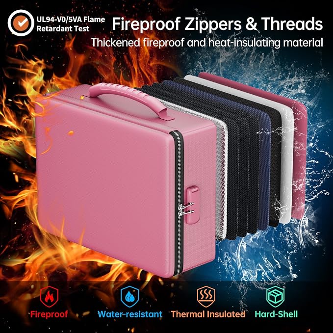 ENGPOW Fireproof Document Box with Lock & Heat-Resistant Fireproof Zipper | 6400°F 12-Layer Fire Protection, Hard File Organizer with Pockets, Portable Home Chest Safe Storage for Money,Jewelry, Pink