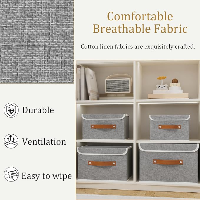 OUTBROS Storage Boxes, Bins with Lids, 10.2x7.9x6.7 in, Grey | Cotton and linen cloth Storage Baskets with Handle, for Books, Closet, Bedroom, Home