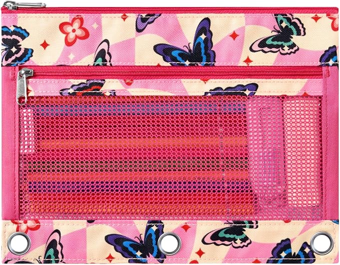 WAWSAM Butterfly 3 Ring Pencil Pouch, Zipper Pencil Pouch for Girls | 2 Pocket Clear Window Pencil Case, Pencil Pouch for 3 Ring Binder, Pencil Bags for School Supplies, Office, College
