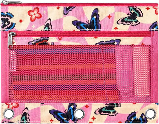 WAWSAM Butterfly 3 Ring Pencil Pouch, Zipper Pencil Pouch for Girls | 2 Pocket Clear Window Pencil Case, Pencil Pouch for 3 Ring Binder, Pencil Bags for School Supplies, Office, College